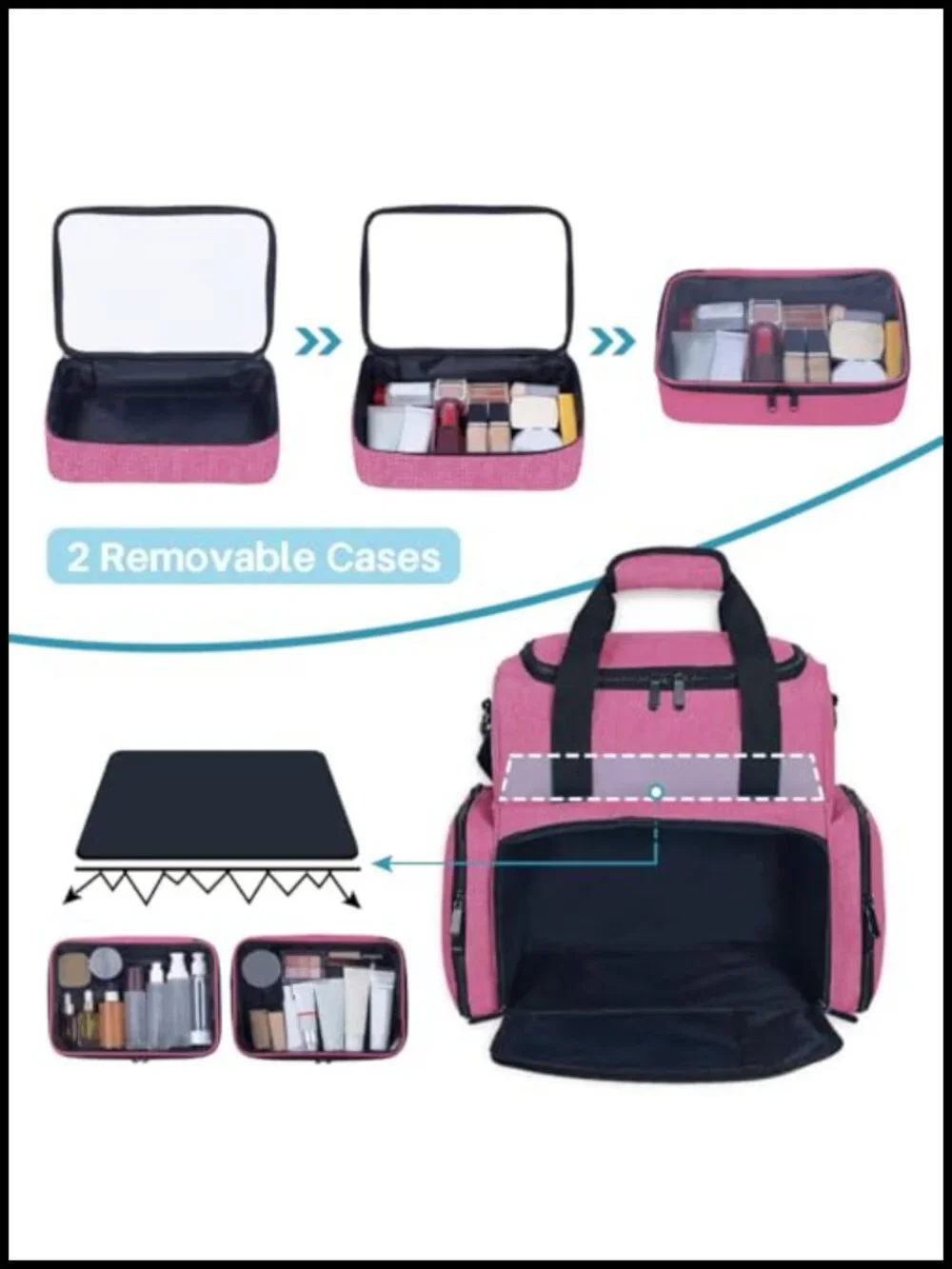 Large Makeup Bag with 2 Removable Case | Travel Toiletry Organizer Double Layer